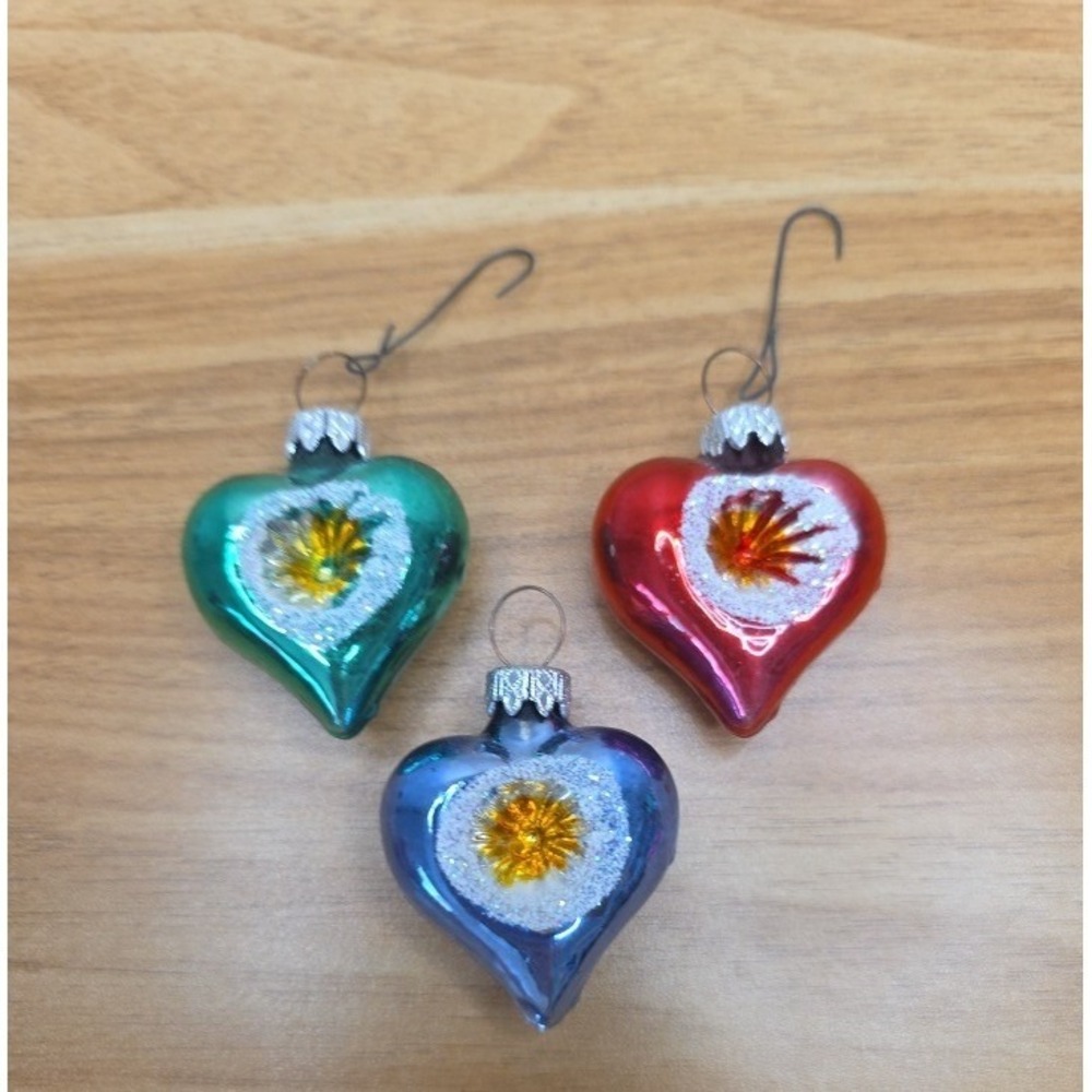 Vintage Mercury Glass Indent Heart West Germany Christmas Ornaments Set of 3